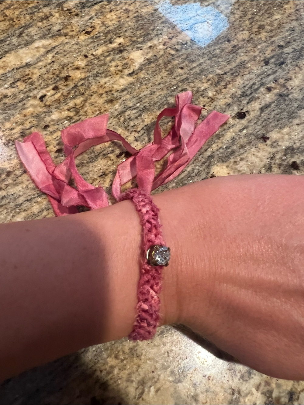 Pink Braided Ribbon Bracelet with Crystal Accent